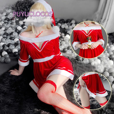 2021 Women Christmas Lady Santa Claus Cosplay Costume Winter Off Shoulder Dress with Hat Sexy Lingerie Uniform Red Nightgowns