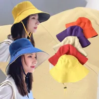 CHJ STORE เน็ตไอดอล หมวกชาวประมง ปะเก๊ต ผู้หญิง หมวกผ้า กันแดด ใส่ได้สองด้าน สไลด์เกาหลี หมวกกันแดดกันยูวี หมวกผ้าปีกใหญ่ สีดำ