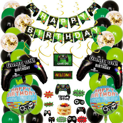 53 Pcs 32นิ้ว Gamepad เกมฟอยล์ชุดลูกโป่ง Happy ธงประดับวันเกิดการ์ดเค้กประตู: Party เด็กสีเขียวสีดำบอลลูน Decor วันเกิดของขวัญเด็ก