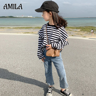 ชุดสูทเด็กผู้หญิง AMILA เสื้อยืดแขนกุดลายขวางพร้อมกางเกงยีนส์ขายาว23ฤดูใบไม้ร่วงเสื้อผ้าเด็กใหม่
