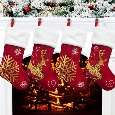Embroidery Plush Christmas Stocking Santa Sack Gift Bag Christmas Socks Hanging Ornament Christmas Decorations for Home New Year