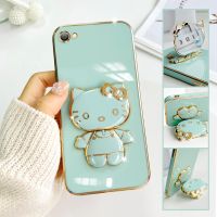 For vivo 1611 Mobile Phone Case Fashion Temperament Plating TPU Advanced Rotary Stand Makeup Mirror Hello Kitty Folding Mirror Stand Net Red New Couple Gift Soft Touch Anti slip Anti fall Protective Case