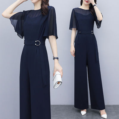 super cai Chiffon Casual Wide Leg Jumpsuit New Style High Waist Slimming Temperament Fashion Short Sleeve Lace-up Romper Women Summer