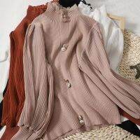 COD DSFERTRETRE Korea Women Fashion High Collar Long Sleeve Shirt Pleated Slim Knitting Blouse