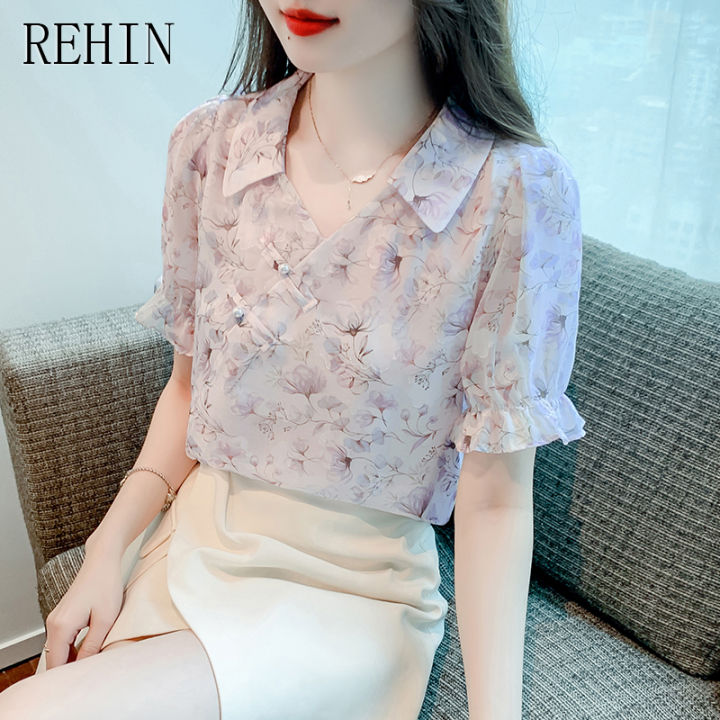 rehin-เสื้อผู้หญิงพิมพ์ลายเสื้อชีฟอง-เสื้อเบลาส์เสื้อแขนสั้นมีกระดุมการออกแบบที่ไม่เหมือนใครหรูหรามาใหม่ฤดูร้อน
