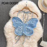 PEAR DODO ผ้ายีนส์แขวนคอผีเสื้อเกาหลีสำหรับผู้หญิง (เสื้อกั๊กผีเสื้อเท่านั้น)