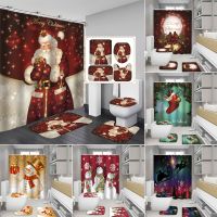 {Bathroom sale} MerryBathroom Set Snowman Santa Father BellPatternShower Curtain Toilet Cover Mat ชุดพรมกันลื่น