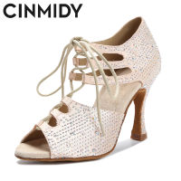 CINMIDY Latin Dance รองเท้าผู้หญิงผิวซาติน Shining Rhinestone เต้นรำรองเท้าแคบเท้าเต้นรำรองเท้าแตะ Flare Heel 7.5ซม.