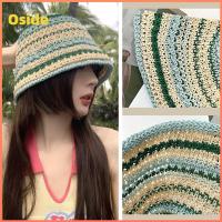 OSIDE ลายทางสีรุ้ง หมวกชาวประมงหมวก ป้องกันรังสียูวี ชายคาใหญ่ หมวกฟางทรงถัง พับเก็บได้ หลากสี หมวกบัคเก็ตโครเชต์ ฤดูร้อนฤดูร้อนฤดูร้อน