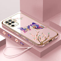 (คลังสินค้าพร้อม) เคสเคสมือถือสำหรับ OPPO A94 /OPPO Reno 5F พร้อมฟรีสายคล้อง + การ์ตูนขอบสี่เหลี่ยมผีเสื้อชุบชุบเคลือบฝาหลังนิ่ม