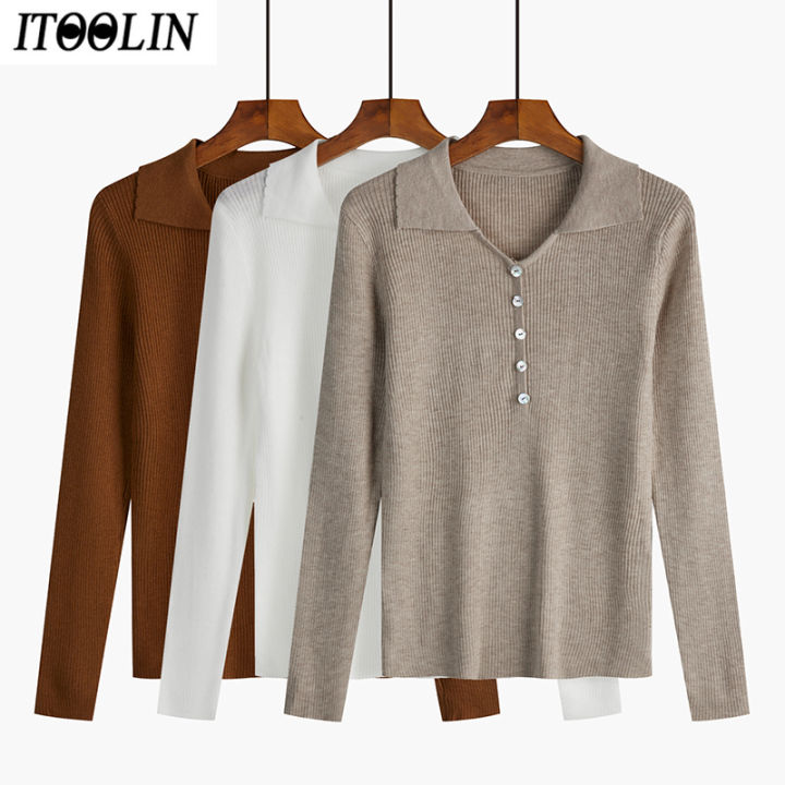 itoolin-t-shirt-autumn-button-turn-down-collar-long-sleeve-elegant-fashion-thin-knitted-tops-knit-women-solid-casual-loose