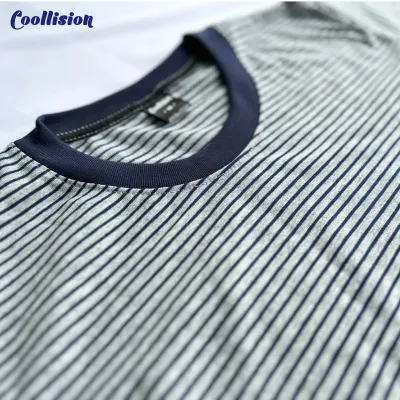 #Coollision-mini-small-เสื้อลายทาง พื้นสีเทาเเถบสีกรมท่าถี่  เสื้อยืดลายทางแขนสั้นคอกลม unisex ผ้าไม่ลื่น ฝ้าย สีไม่ตก ไม่ย้วย งานดี ลายแถบ