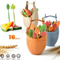 16pcs /set Fruit Fork Creative Barrel Leaves Shaped Cake Salad Snack Desert Forks Salad Party Food Picks Kids Lunch Bento Tool Table Decor