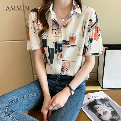 AMMIN เกาหลีใหม่ผู้หญิง Lapel แขนสั้นชีฟองเสื้อพิมพ์ลายแฟชั่นหลวมพิมพ์เสื้อ