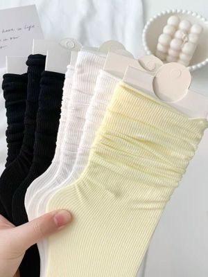 ✴ Socks for women in summer thin ice pile socks for girls cute Japanese mid-calf socks black and white solid color curled socks