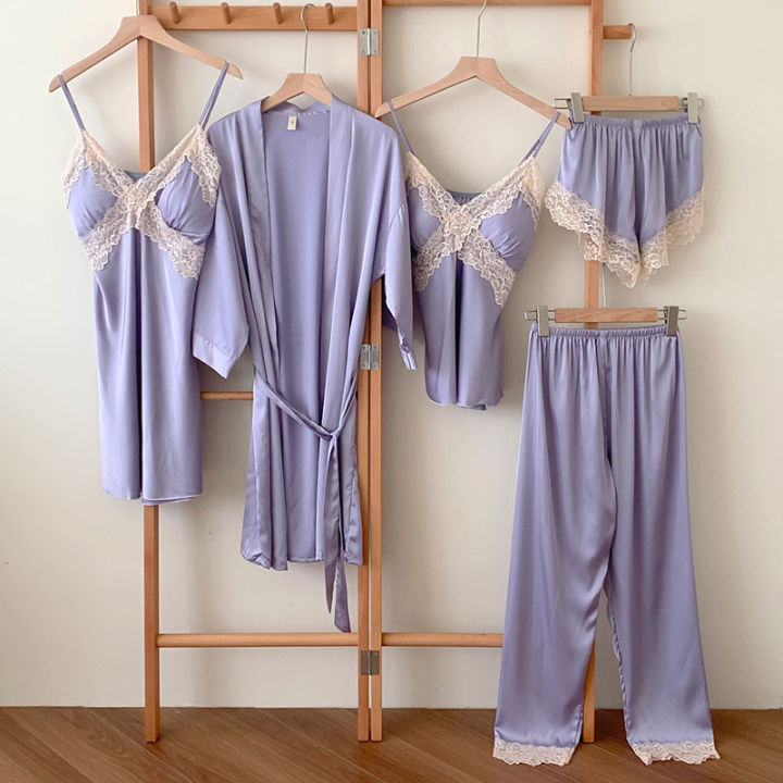 5ชิ้นชุดนอนชุดหญิงชุดนอนเซ็กซี่ลูกไม้แต่งงานเสื้อคลุม-nightgown-ฤดูใบไม้ผลิฤดูร้อนผ้าไหมเรยอนเสื้อคลุมอาบน้ำ-pijamas-สบายๆเสื้อผ้าหน้าแรก