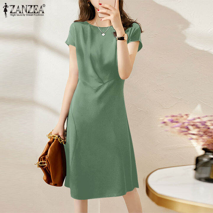 Free Shipping Zanzea Womens Elegant Short Sleeve Fit A Line Dress Plain Office Work Daily Midi 5025