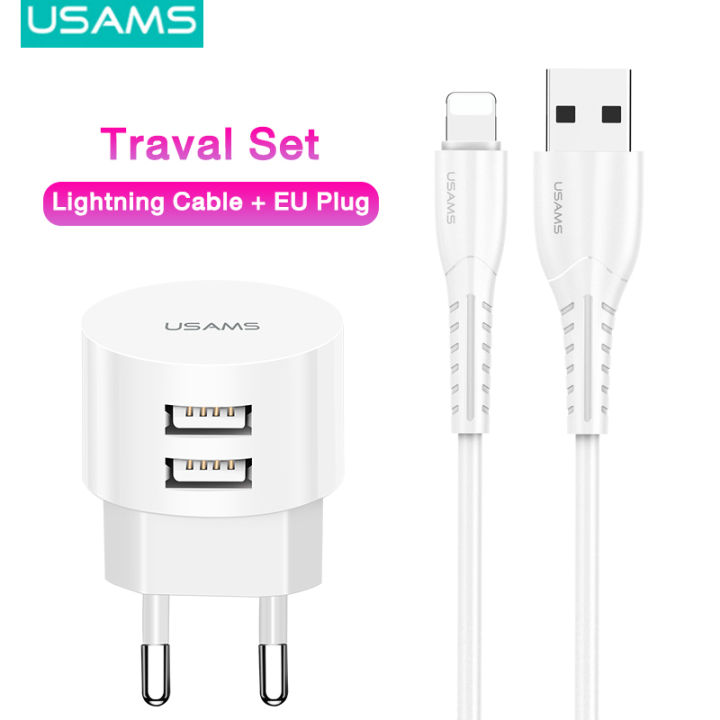 USAMS Lightning Charger Set for traval Dual USB Port Lightning charger  cable + Charger Plug for iPhone 6/7/8 iPhone X XR/iPhone 11/iPhone12 |  