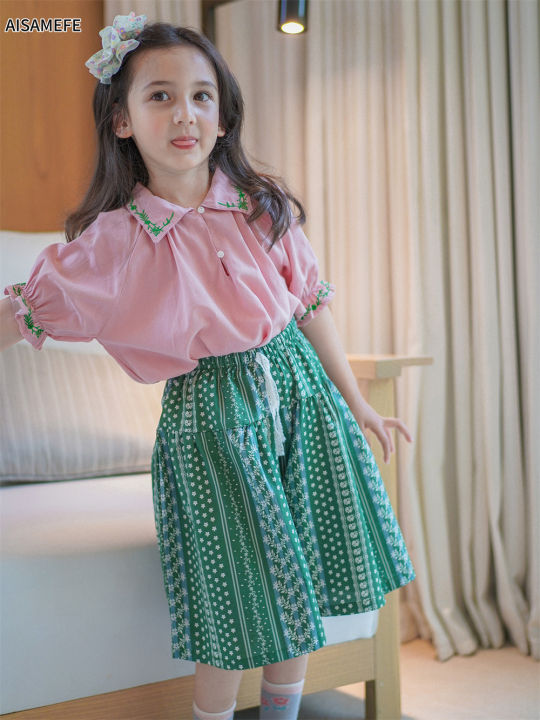 aisamefe-2022ฤดูใบไม้ผลิฤดูร้อนใหม่เกาหลีเสื้อผ้าเด็กสาวน่ารักแฟชั่นปักเสื้อ-กางเกงขากว้างชุดเด็ก1-8y