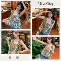 Mira_shop เสื้อสายเดี่ยวสม็อค ผ้าพอง คาเฟ่กรุบกริบ น่ารักยืนหนึ่ง 966#