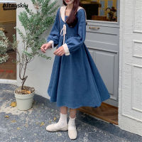 Women Preppy Style Dress Lace-up Slim Long Sleeve Midi-dress Students Sailor Collar Vintage Corduroy Mori-girl Dresses Princess