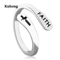 Kuhong Faith แหวนปรับขนาดได้สแตนเลสแหวน Vintage Cross Letter รอบบนนิ้วมือของขวัญ