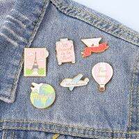 Cute Cartoon Airplane Earth Stamp Hot Air Balloon Enamel Brooch Love Letters Ribbon Luggage Alloy Pins Fashion Woman Jewelry