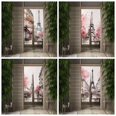 Fashion 2023 Watercolor Paris Eiffel Tower Entrance European City Curtain Art Scene Ink Painting Doors and Windows North Curtain Wall Partition Decoration Room