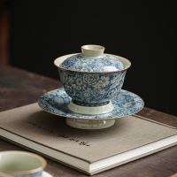 ดอกไม้โบราณเซรามิคเปิด Gaiwan สำหรับชาสีฟ้า Tureen Teaware ชุดชาจีนชาม Chawan Lily Deng S Store ถ้วยชา