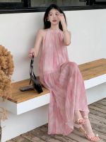 Genuine Uniqlo High-end Drape fairy pink sleeveless halterneck dress for women summer new seaside vacation beautiful temperament long skirt