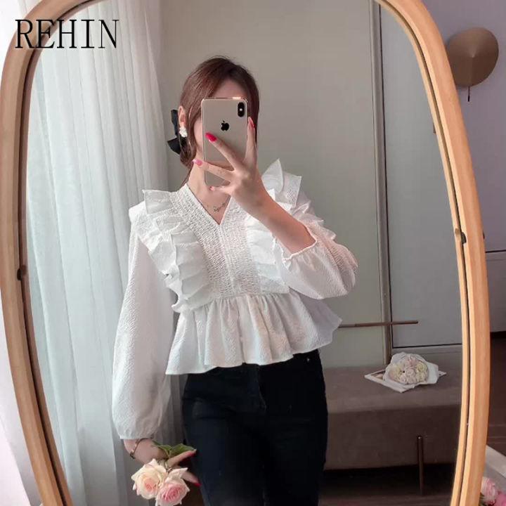 rehin-เสื้อคอวีผู้หญิง-เสื้อคอวีแต่งระบายเอวบางอเนกประสงค์เสื้อเชิ้ตแขนยาว