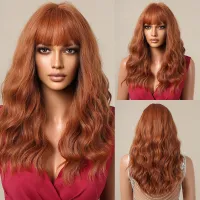 Long Orange Red Synthetic Wigs with Bangs Body Wavy Smooth Hair Wig Cosplay Daily Use Party for Black Woman Heat Resistant Fiber Wig  Hair Extensions