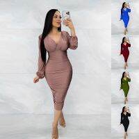 Autmn Fashion Sexy Slim Dress Nightclub Style Solid V-Neck Lantern Sleeves Pleated Tight Dress Women