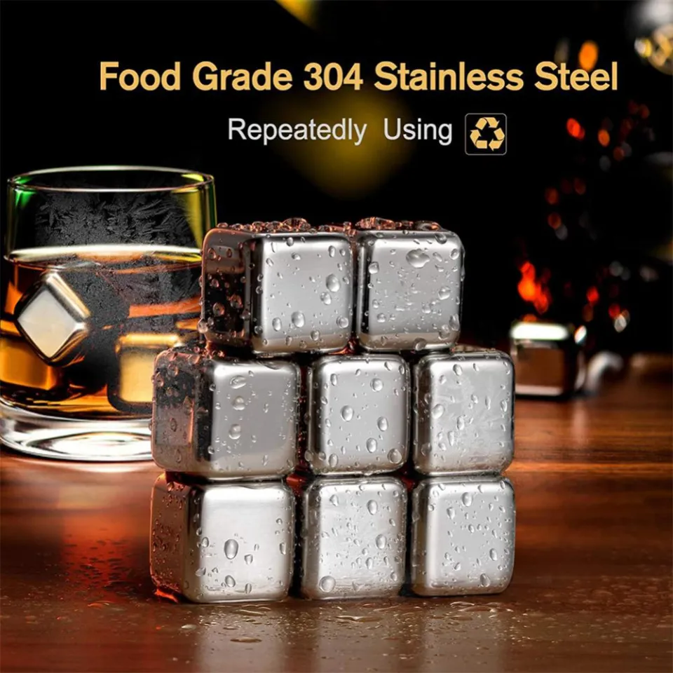 DERGUAM 8 Packs Fast-cooling 304 Stainless Steel Ice Cubes Whiskey Stones Whiskey Rocks with Nonslip Ice Tong&Wine Opener&Freezer Storage Tray Great