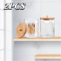 2PCS Cotton Swab Pad Storage Box Makeup Organizer Transparent Bathroom Organizer For Cosmetics with Bamboo Lid