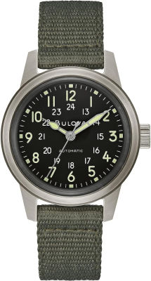Bulova Mens Military Heritage Hack Veterans Watchmaking Initiative Watch in Stainless Steel with 3-Hand Automatic, Black NATO Leather Strap Style: 96A259