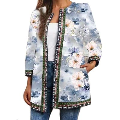 Cardigan Womens Autumn Winter  Vintage Ethnic Floral Printed Long Sleeve Tunic Jackets Ladies Loose Outerwear Chic Top Coat