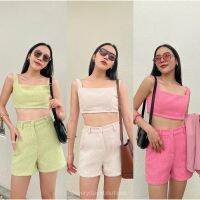 Candy tweed set??✨(490฿ฟรีส่ง) ชุดเซ็ตผ้าทวีตแบบลูกคุณหนู เสื้อบราสายเดี่ยวซิปหลัง มาพร้อมกางเกงขาสั้นเอวสูงสม็อคหลัง