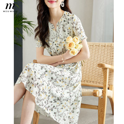 MISUMIXIU Summer Chiffon Dress Womens 2022 New Temperament Short-sleeved V-neck Waist Floral Dresses