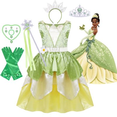 【Ready Stock😎】 Tiana Dress For Girls Anime Princess Frog Cosplay Costumes Green Strapless Tiered Gown 3-8 Yrs Children 39;s Birthday Surprises