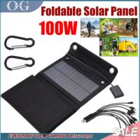 Solar 100W Solar Panel Folding Portable Power Charger USB Travel Camping Phone Charger with 10in1 Cable