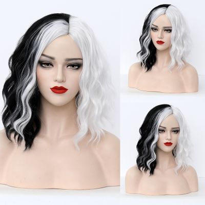 【jw】✆✜♨  New CRUELLA De Vil Wig Half Synthetic Short Wavy Wigs With Bangs Resistant Hair