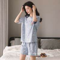 【YP】 Pijama mulheres pijama algodão room Mulheres mangas curtas para cima e baixo conjunto frente aberto quarto desgaste elegante gerato piquete