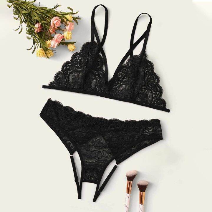 Limea New Women Plus Size Lace Lingerie Bra Thong Underwear Set Black Sleepwear Sexy Lingerie