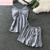 【JH】Sleepwear Womens Sexy Silk Satin Lingerie Sleeveless with Chest Pad Cami Top and Shorts Pajama Set Nightwear Faux Silk Pijamas