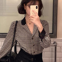 Luxqlo เสื้อวินเทจผู้หญิงแฟชั่นสไตล์เกาหลีเสื้อ Houndstooth ลำลองเสื้อแขนยาวหลวมใหม่