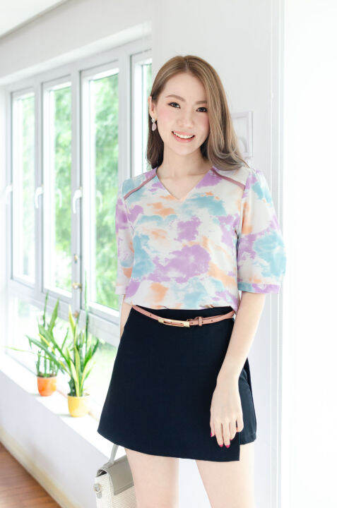 narinari-nt2427-contrast-trim-balloon-sleeve-blouse-เสื้อทำงาน