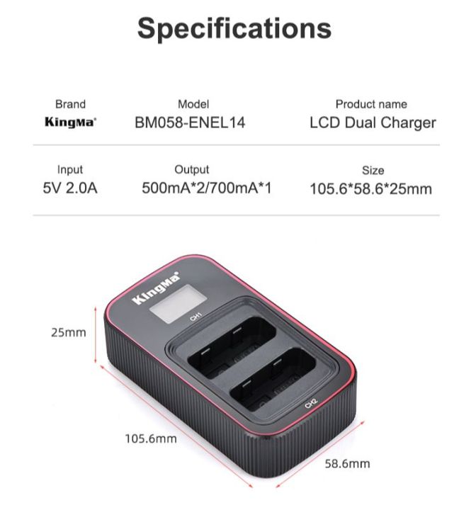 kingma-nikon-en-el14-1030mah-battery-and-lcd-dual-charger-kit-for-nikon-d3100-d3200-d3300-d3400