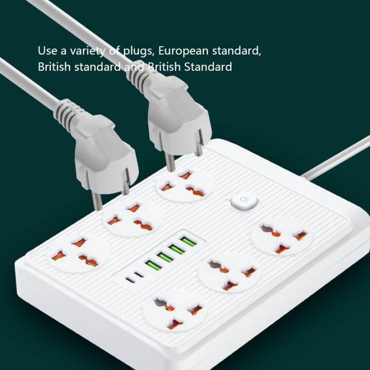 แถบพลังงานปลั๊กสหภาพยุโรปพร้อมสวิตช์ต่อขยาย6เต้าเสียบ-usb-สายไฟไฟซ็อกเก็ตหลากสี2m-type-c-ป้องกัน