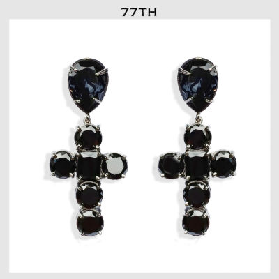 77TH-Black Crystals Cross Earrings ต่างหูไม้กางเขนประดับคริสตัลสีดำ